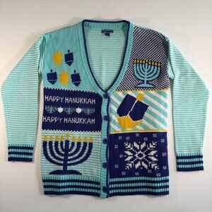 Hanukkah Holiday Dreidel Menorah Snowflake Cardigan Sweater Aqua Blue Large